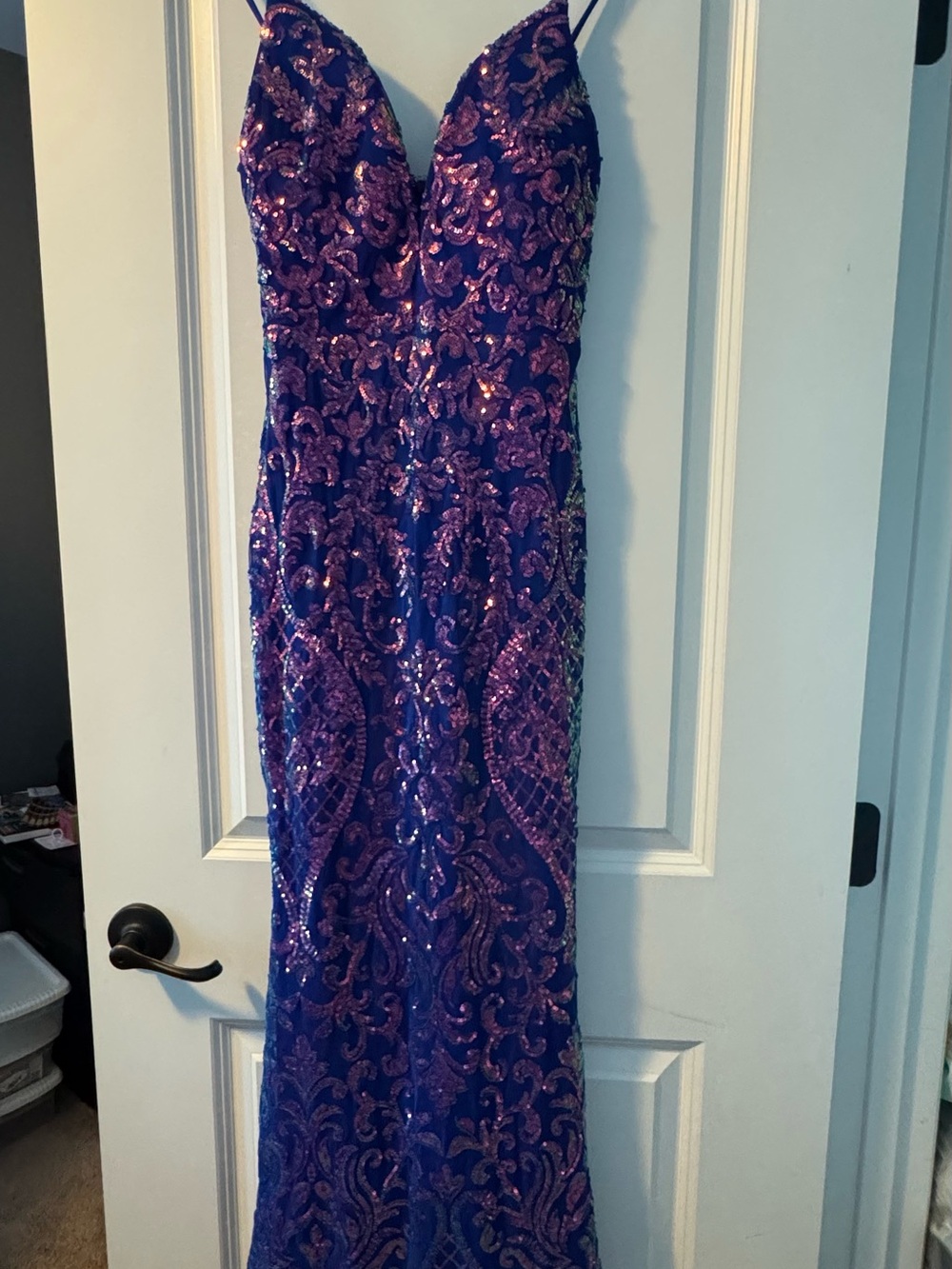 Windsor Purple Sequin V-Neck Prom Dress